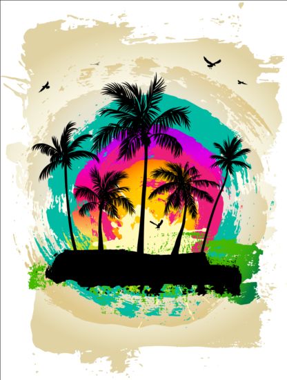 Tropical summer palm with grunge background vector 01 tropical summer Palm grunge background   