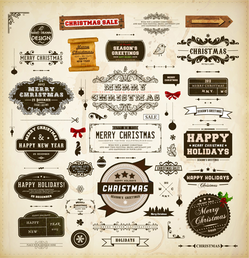 Retro Christmas labels desing vector 04 Retro font labels label christmas   
