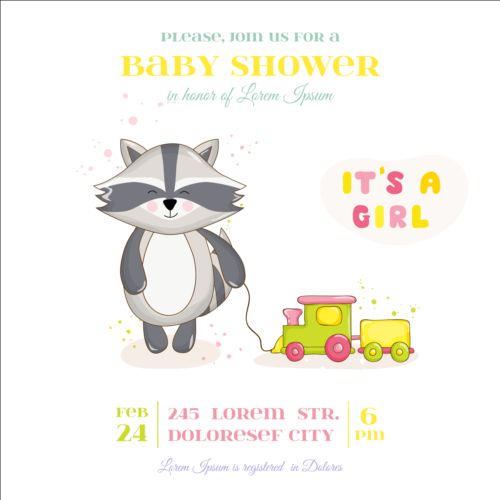 Cute racoon with baby shower card vector 07 shower racoon cute card baby   