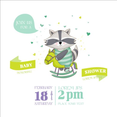 Cute racoon with baby shower card vector 05 shower racoon cute card baby   