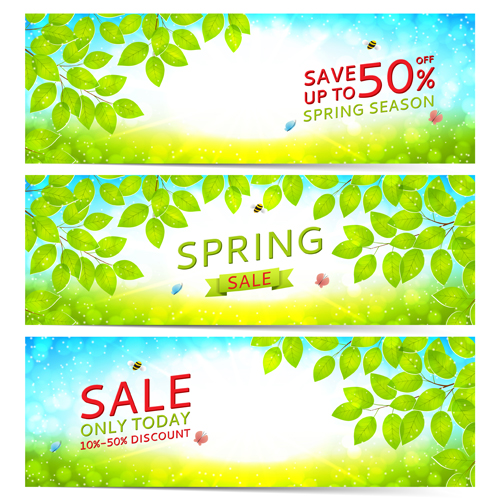 Leaves with spring sale banners vector spring sale leaves banners   