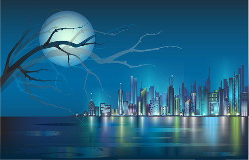 Shiny Night City landscape vector 01 shiny night land city   
