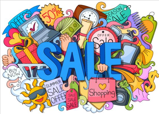Sale with shopping doodle vector 01 shopping sale doodle   