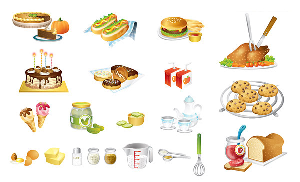 Food kitchen icons vector Western-style food ice cream cups hot dogs hamburgers egg cookies chicken cake bread birthday cake   