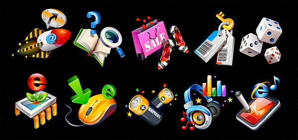 3D texture icon 6 vector volume stars solid arrows shopping bags shoes search sale rocket question mark PDA notes music magnifying glass keys IE help headphones e dice computer mouse computer chip books battery bags arrow   