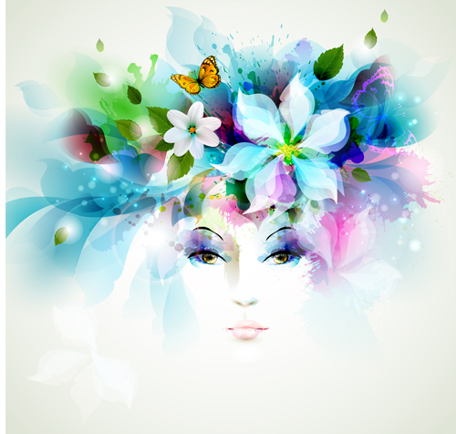 Beautiful women face with watercolor flower vector 04 women watercolor flower face beautiful   