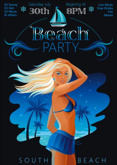 Beach party poster with beautiful girl vector 03 poster girl beautiful beach party   