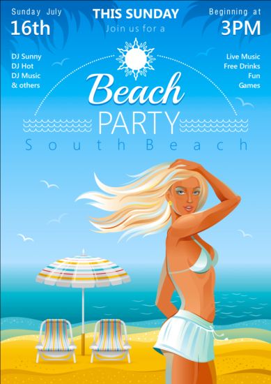 Beach party poster with beautiful girl vector 02 poster girl beautiful beach party   