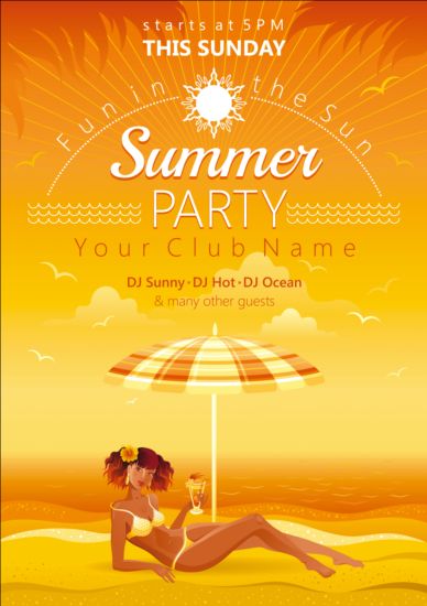 Beach party poster with beautiful girl vector 01 poster girl beach party   