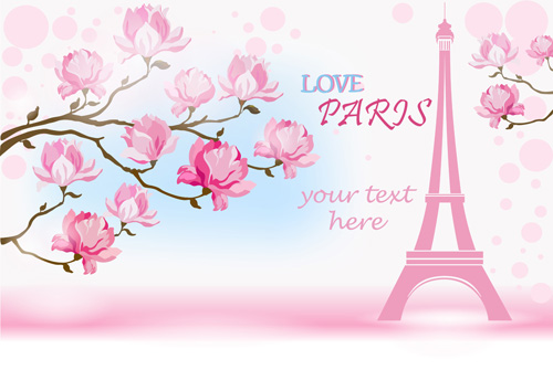 Pink flower with paris background vector 01 pink paris flower background   