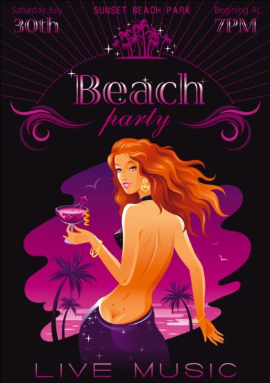 Beach party poster with beautiful girl vector 07 poster girl beautiful beach party beach   
