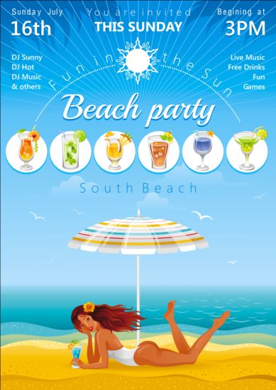 Beach party poster with beautiful girl vector 05 poster beautiful beach party   