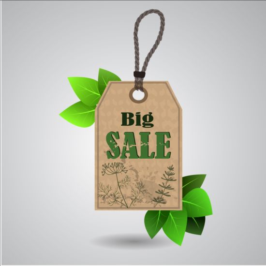 Big sale tag with green leaves vector 02 tag sale leaves green big   